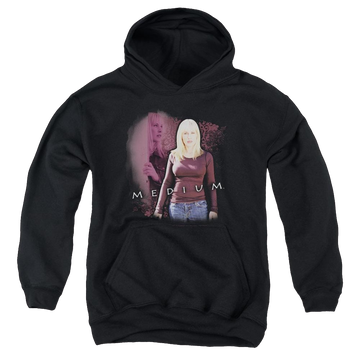 Black youth hoodie for ages 8 to 12 with Medium graphic