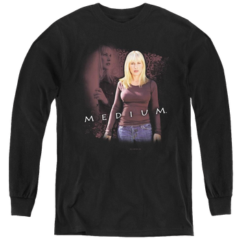 Black youth long sleeve t-shirt with Medium graphic