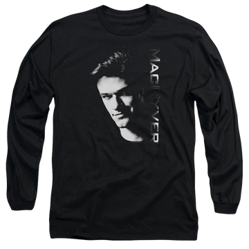 Black men's long sleeve t-shirt with Macgyver graphic