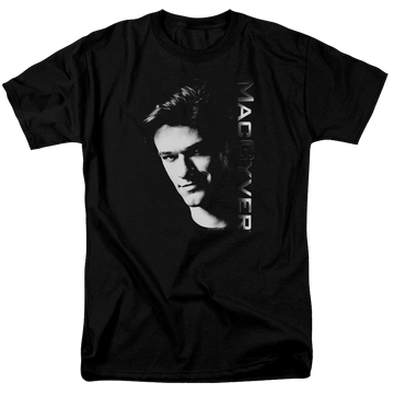 Black men's regular fit t-shirt with Macgyver graphic