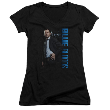 Black juniors v-neck t-shirt with Blue Bloods graphic