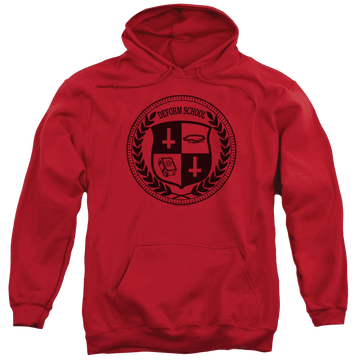 Red pullover hoodie with Hell Fest Deform School graphic
