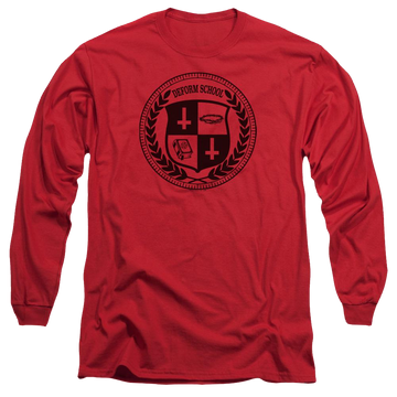 Red men's long sleeve t-shirt with Hell Fest Deform School graphic