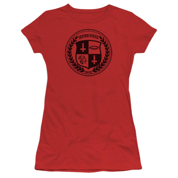 Red juniors t-shirt with Hell Fest Deform School graphic