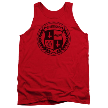 Red men's tank with Hell Fest Deform School graphic