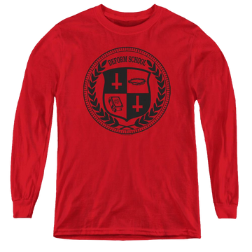 Red youth long sleeve t-shirt with Hell Fest Deform School graphic