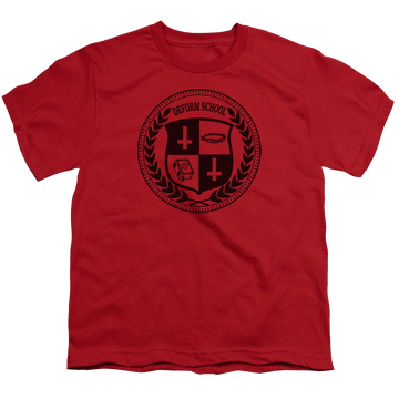 Red youth t-shirt for ages 8 to 12 with Hell Fest Deform School graphic