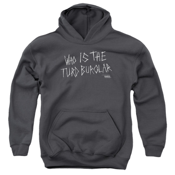 Charcoal youth hoodie for ages 8 to 12 with American Vandal Turd Burglar graphic