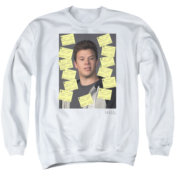 White men's crewneck sweatshirt with American Vandal Detention graphic