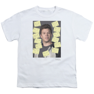 White youth t-shirt for ages 8 to 12 with American Vandal Detention graphic