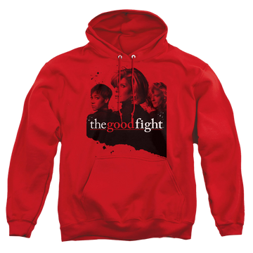 Red pullover hoodie with Good Fight Diane Lucca Maia graphic