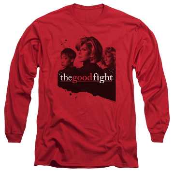 Red men's long sleeve t-shirt with Good Fight Diane Lucca Maia graphic
