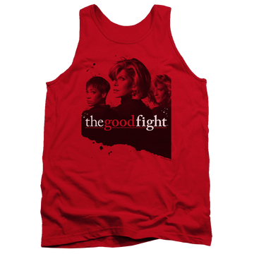 Red men's tank with Good Fight Diane Lucca Maia graphic