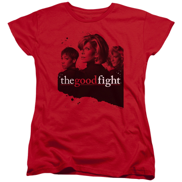 Red women's t-shirt with Good Fight Diane Lucca Maia graphic