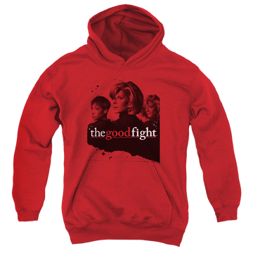 Red youth hoodie for ages 8 to 12 with Good Fight Diane Lucca Maia graphic