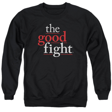 Black men's crewneck sweatshirt with Good Fight Logo graphic