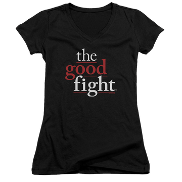 Black juniors v-neck t-shirt with Good Fight Logo graphic