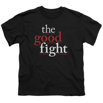 Black youth t-shirt for ages 8 to 12 with Good Fight Logo graphic