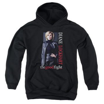 Black youth hoodie for ages 8 to 12 with Good Fight Diane graphic