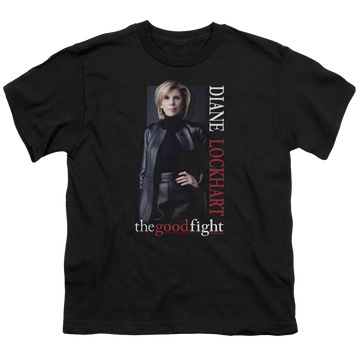 Black youth t-shirt for ages 8 to 12 with Good Fight Diane graphic
