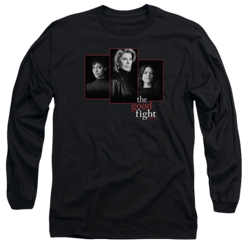 Black men's long sleeve t-shirt with The Good Fight Cast graphic