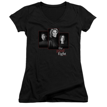 Black juniors v-neck t-shirt with The Good Fight Cast graphic