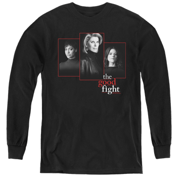Black youth long sleeve t-shirt with The Good Fight Cast graphic