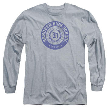 Athletic heather men's long sleeve t-shirt with American Vandal Hanover Seal graphic