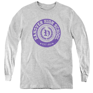 Athletic heather youth long sleeve t-shirt with American Vandal Hanover Seal graphic