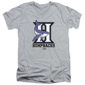 Athletic heather men's v-neck t-shirt with American Vandal Humpbacks graphic
