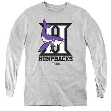 Athletic heather youth long sleeve t-shirt with American Vandal Humpbacks graphic