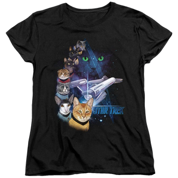 Black women's t-shirt with Star Trek The Original Series Feline Galaxy graphic