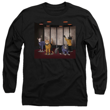 Black men's long sleeve t-shirt with Star Trek The Original Series Beam Meow Up graphic