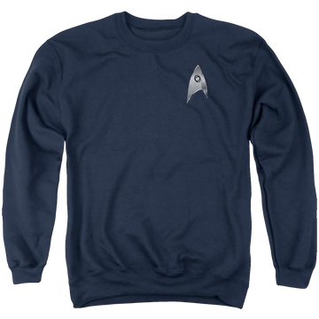 Navy men's crewneck sweatshirt with Star Trek Discovery Sciences Badge graphic