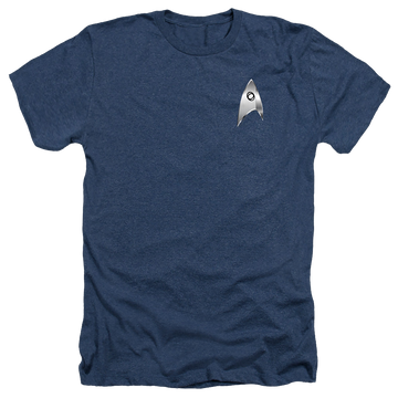Navy men's heather t-shirt with Star Trek Discovery Sciences Badge graphic