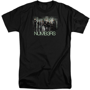 Black men's tall fit t-shirt with Numbers Cast graphic