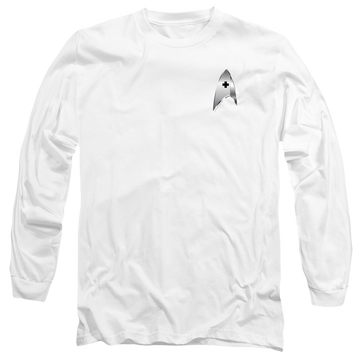 White men's long sleeve t-shirt with Star Trek Discovery Medical Badge graphic