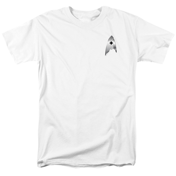 White men's regular fit t-shirt with Star Trek Discovery Medical Badge graphic