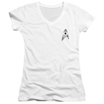 White juniors v-neck t-shirt with Star Trek Discovery Medical Badge graphic