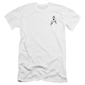 White men's premium slim fit t-shirt with Star Trek Discovery Medical Badge graphic