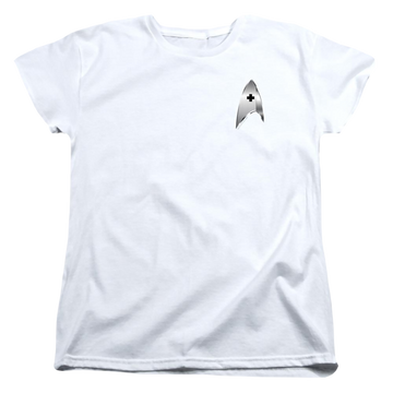 White women's t-shirt with Star Trek Discovery Medical Badge graphic