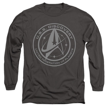 Charcoal men's long sleeve t-shirt with Star Trek Discovery Crest graphic