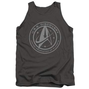Charcoal men's tank with Star Trek Discovery Crest graphic