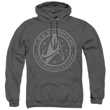 Charcoal pullover hoodie with Star Trek Discovery Enterprise Crest graphic