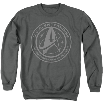 Charcoal men's crewneck sweatshirt with Star Trek Discovery Enterprise Crest graphic