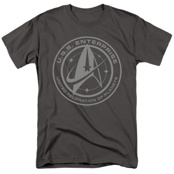 Charcoal men's regular fit t-shirt with Star Trek Discovery Enterprise Crest graphic