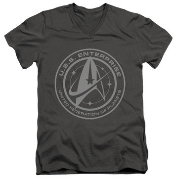 Charcoal men's v-neck t-shirt with Star Trek Discovery Enterprise Crest graphic