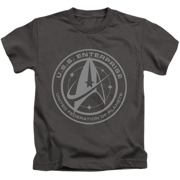 Charcoal kid's t-shirt for ages 4 to 7 with Star Trek Discovery Enterprise Crest graphic