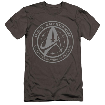 Charcoal men's premium slim fit t-shirt with Star Trek Discovery Enterprise Crest graphic