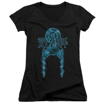 Black juniors v-neck t-shirt with Star Trek Discovery Black Alert graphic